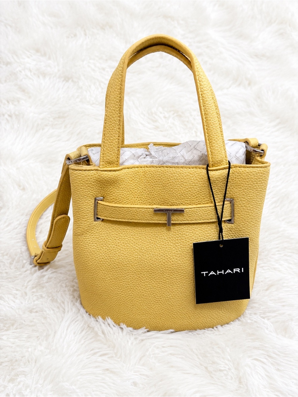 Tahari Yellow Pebbled Leather Satchel Tote